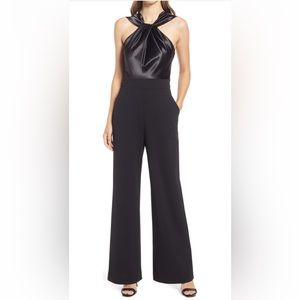 Eliza J Twist Neck Satin & Crepe Jumpsuit
